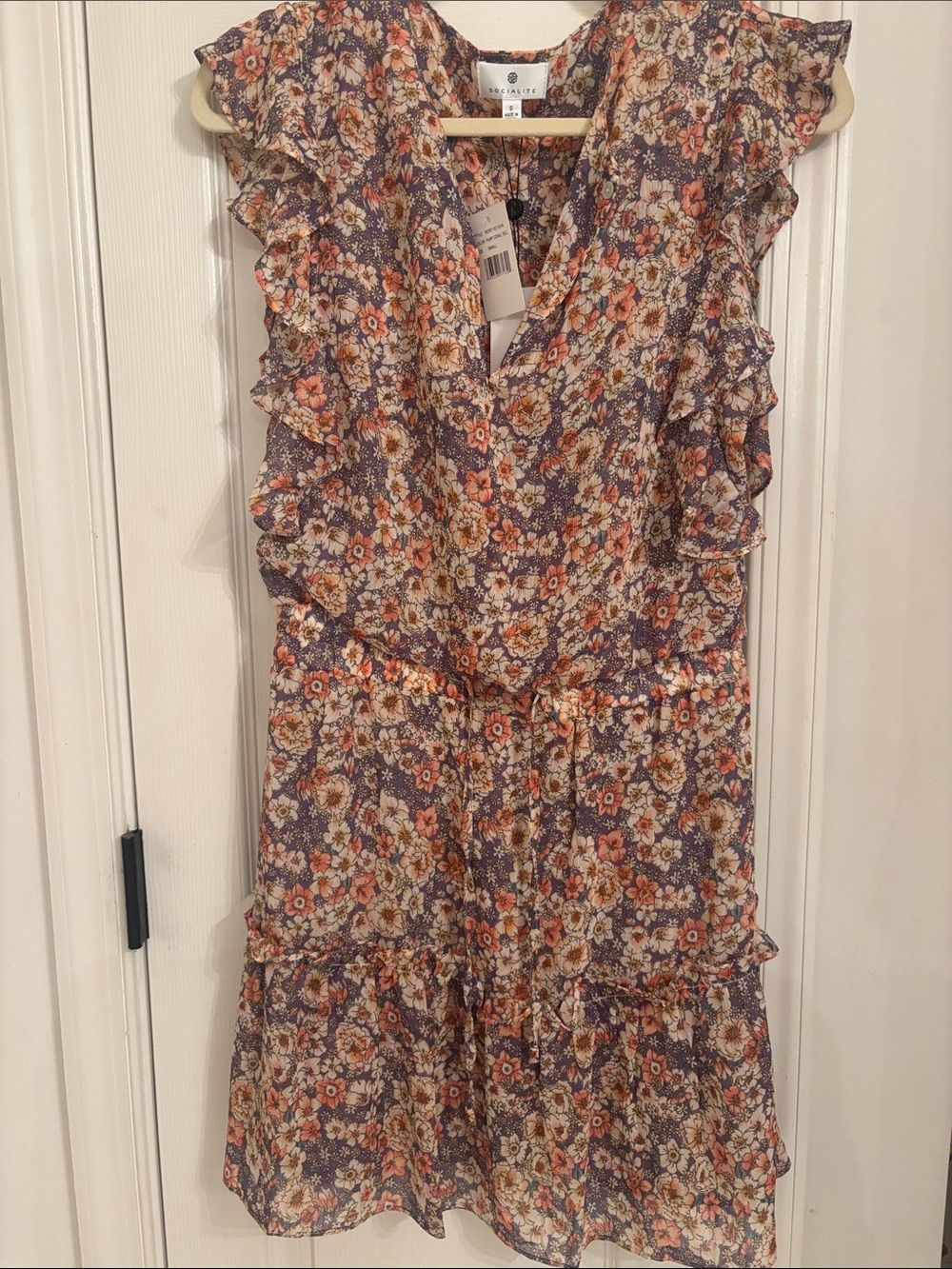 Socialite Floral Ruffle Midi Dress in Purple and Peach